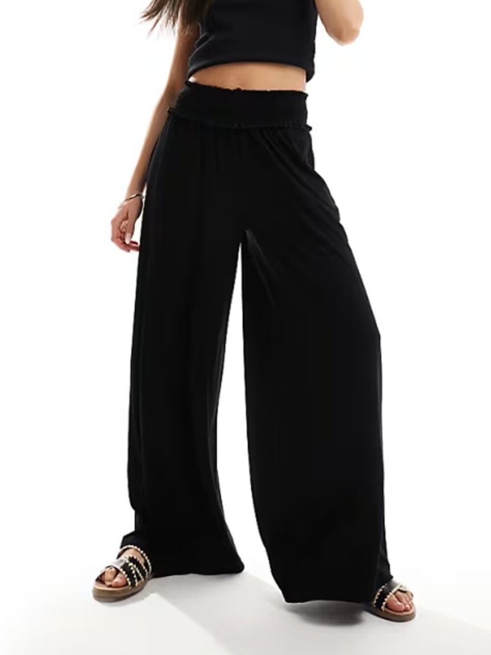 H by Halston Shirred Elastic Waist Wide Leg Stretch Pants